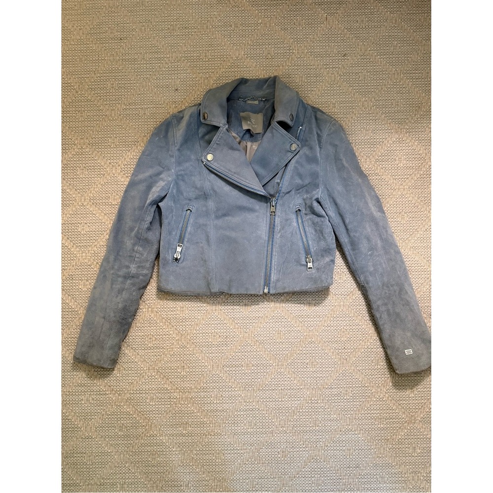 Suede Moto Jacket Slate Blue Zip Cropped Women Size Small